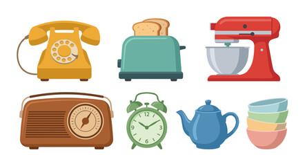Retro home appliances and kitchenware collection illustrating nostalgia