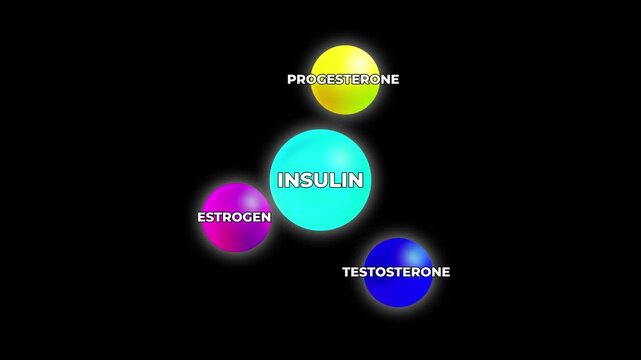 Colorful spheres representing hormones including insulin, testosterone, estrogen, and progesterone, dynamically shifting positions in a visually engaging sequence highlighting their interrelation and 