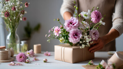 Hands arranging flowers in a box as a gift with various flowers on a table in a bright indoor space