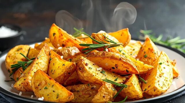Golden potato wedges seasoned with herbs and salt, served hot on a plate.
