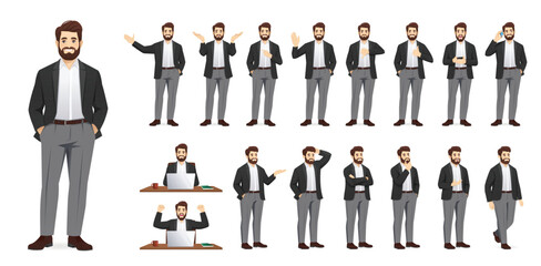 Large set of handsome business man in formal clothes. Different poses and various gestures male character standing and sitting at the desk isolated vector illustration
