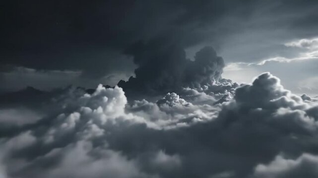 Dramatic cloudscape with cumulus clouds and sunlight aerial view