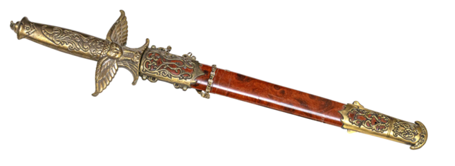 Ornate antique dagger with golden hilt and ornate wooden scabbard
