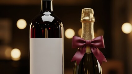 Elegant wine bottles with gift bow on dark background