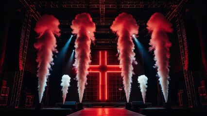 Dramatic stage setup with red cross and fog effects