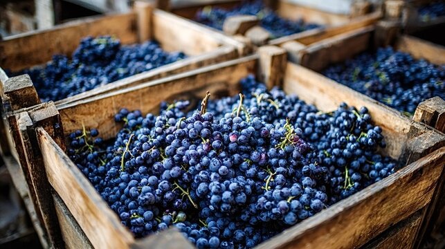 Freshly harvested blue grapes fill multiple rustic wooden crates, representing the rich bounty of autumn harvest season and the beginning of the winemaking process - Powered by Adobe