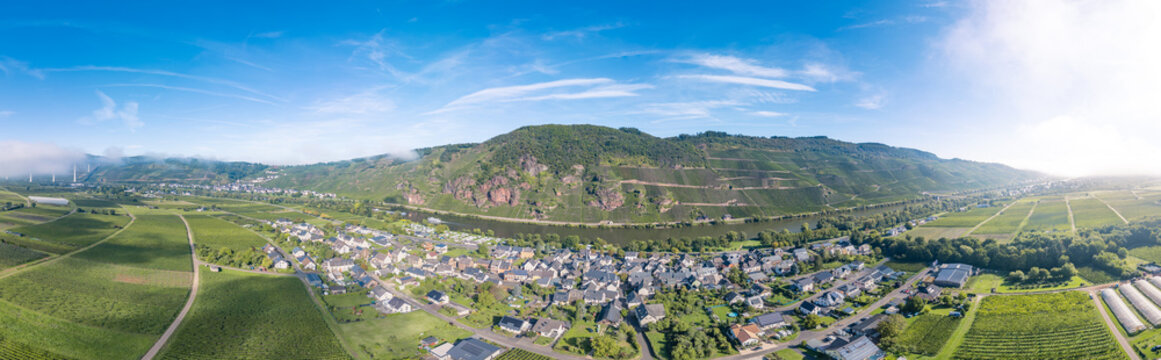 Erdener Pr&auml;lat an der Mosel Lanschaft mit Weinbergen und Dorf Erden im Vordergrund
