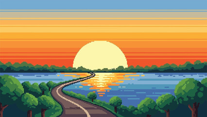 A tranquil pixel art landscape features a winding path calm water and vibrant sunset hues © GDMala02
