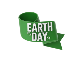 Green earth day ribbon with white text on isolated transparent background