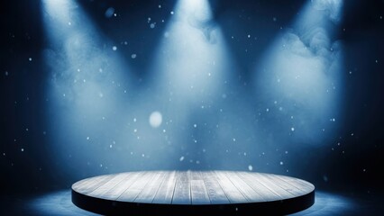 Dramatic stage with spotlight beams shining down on wooden platform