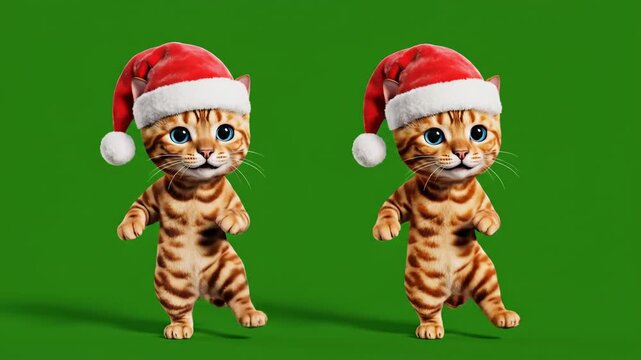 Animated cat characters wearing christmas hats dance on green screen