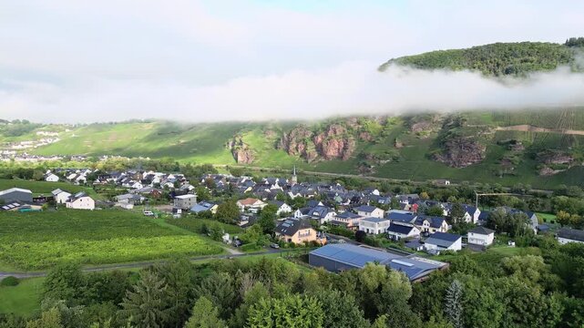Erdener Pr&auml;lat an der Mosel Lanschaft mit Weinbergen und Dorf Erden im Vordergrund im Herbst