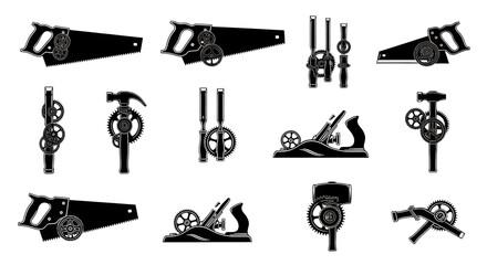 Comprehensive vector icon set featuring detailed woodworking tools integrated with mechanical cogs and gears, rendered in solid black silhouettes on a transparent background, concept of technical