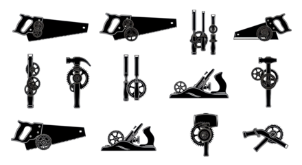 Comprehensive vector icon set featuring detailed woodworking tools integrated with mechanical cogs and gears, rendered in solid black silhouettes on a transparent background, concept of technical