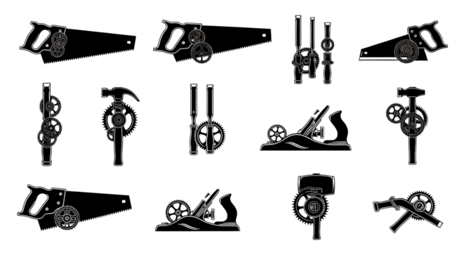 Comprehensive vector icon set featuring detailed woodworking tools integrated with mechanical cogs and gears, rendered in solid black silhouettes on a transparent background, concept of technical - Powered by Adobe