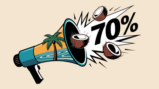 Bold promotional graphic featuring a megaphone with a tropical scene, announcing a massive 70% discount amidst bursting coconuts, ideal for summer sales and exciting deals - Powered by Adobe