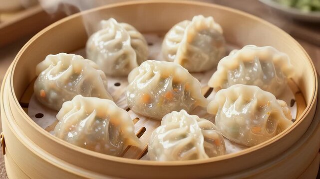 Steamed dumplings in bamboo steamer with rising vapor