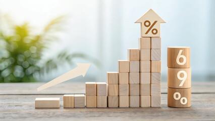 Wooden blocks forming a rising graph with a house and percentage sign
