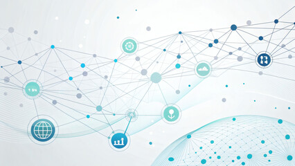 Abstract network connections with global icons and digital data flow visualization