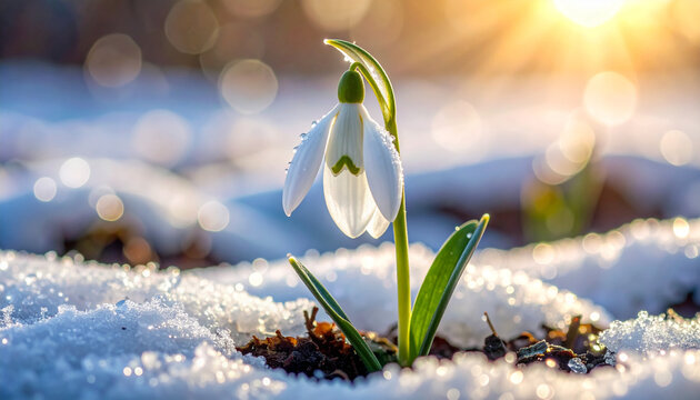 Delicate snowdrop flower blooming in sunlight through melting snow, symbolizing the arrival of spring