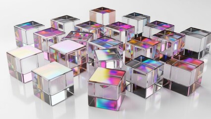 Holographic cubes with rainbow colors on white background