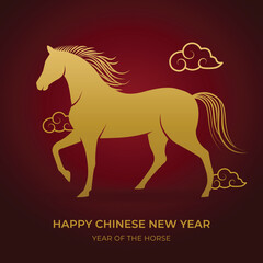 Happy Chinese New Year. Golden Silhouette Illustration of Horse Zodiac Animal on Dark Red Background.