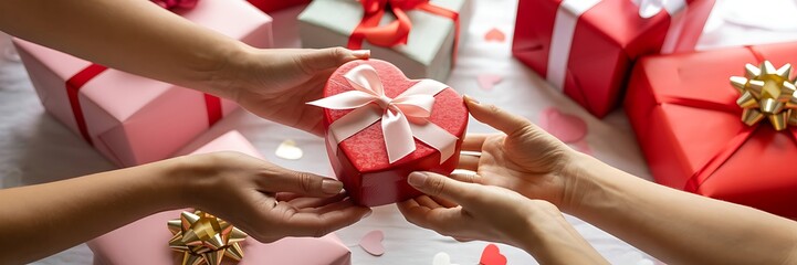 Two people exchanging a heart shaped gift box with a pink ribbon on Valentines Day