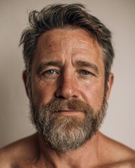 middle-aged man with subtle burnout expression, plain background, natural skin texture, calm muted tones