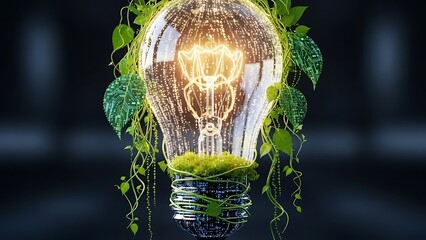 Eco-friendly light bulb with green vines and glowing filament