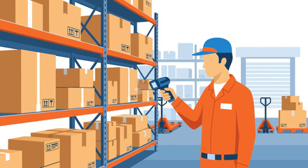 Warehouse worker scans boxes with barcode scanner during inventory management tasks