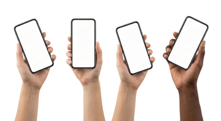 Four Hands Holding Smartphones with Blank Screens on White Background