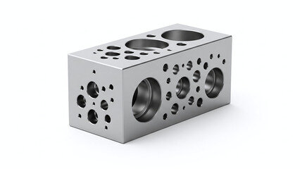 Fototapeta premium Silver metal block with multiple circular holes and smooth surfaces isolated on a white background.