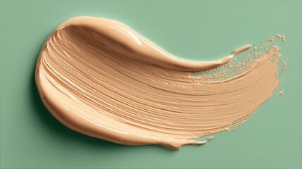 Creamy foundation swatch smoothly blended on matte green background with realistic texture and beauty macro photography