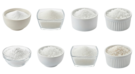 Eight Bowls of White Granular Substances: Salt, Sugar, Flour, Baking Soda