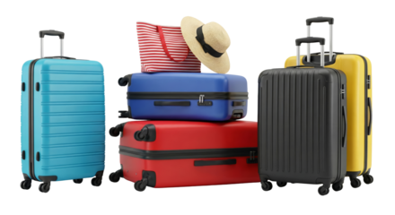 Colorful Luggage Collection: Suitcases, Beach Bag, and Hat for Travel