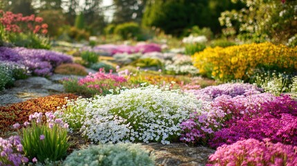 Obraz premium Colorful Flower Garden Landscape with Blooming Spring and Summer Flowers
