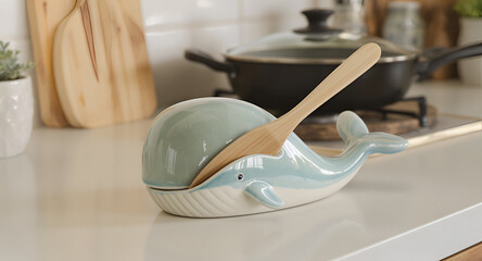 A cozy kitchen countertop still-life featuring a ceramic spoon rest shaped like a whale