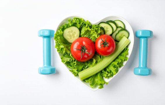 Plato con forma de coraz&oacute;n lleno de verduras frescas junto a una mancuerna azul, concepto de alimentaci&oacute;n saludable, ejercicio y bienestar, para campa&ntilde;as de vida sana, fitness, fit y salud