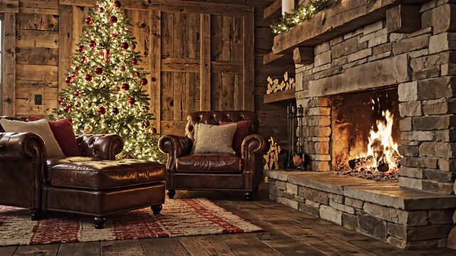 Cozy rustic living room with a lit stone fireplace, leather seating, and a decorated Christmas tree