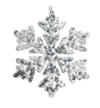 A detailed, symmetrical snowflake design, crafted from glittering sequins