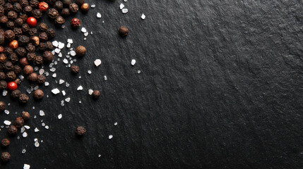 Black pepper and salt grains scattered on dark surface create less processed food concept with natural seasoning enhancing flavor