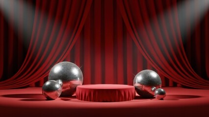 Dramatic stage setup with red curtains and disco balls