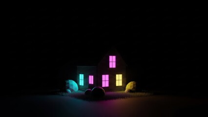 Colorful house with glowing windows in dark landscape