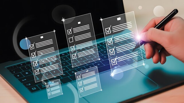 Hand interacting with virtual forms and checklists using a digital pen on a laptop, showcasing efficient online data entry, survey management, and cloud solutions