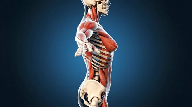 Anatomical human body illustration showing muscles and skeleton structure