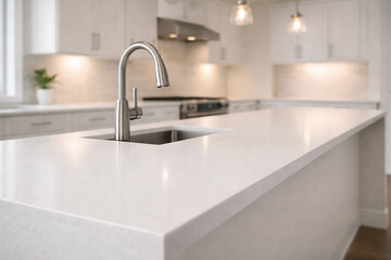 Modern kitchen with sleek white countertops and stainless steel faucet