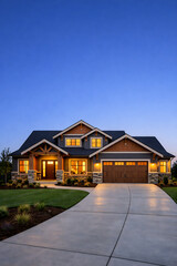 Beautiful modern house with illuminated windows at dusk