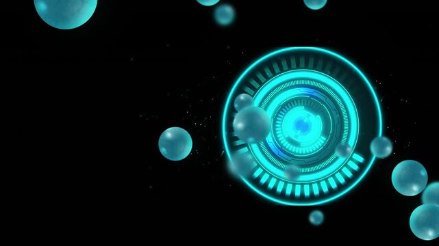 Cyan digital HUD interface with glowing data network and abstract spheres