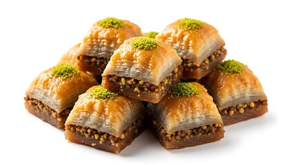 Sweet Middle Eastern baklava pieces with glossy honey glaze and emerald pistachio toppings presented on a bright white surface.