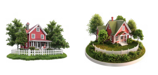 Detailed miniature homes with lush green trees and white picket fences perfect for digital designs on transparent background